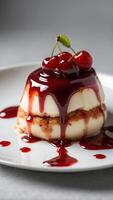 Pudding with cherry sauce dripping with bright red jam on a white plate. photo