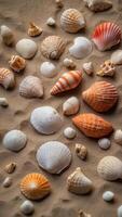 Assorted seashells and corals arranged on sandy surface. photo