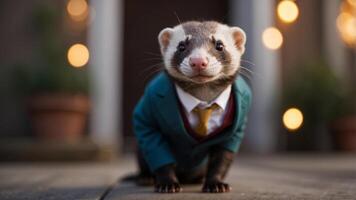 An ferret wearing a suit standing in front of a door. photo