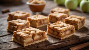 apple pie bars with a shortbread crust and spiced apple filling presented on a rustic wooden table. photo
