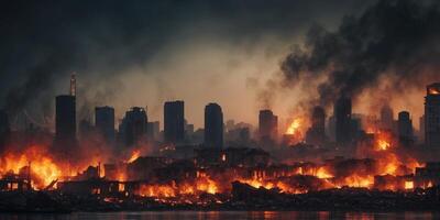 Ruined cityscape with fires raging under a gloomy sky. photo