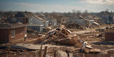 Extensive Damage in a Residential Area After a Tornado. photo