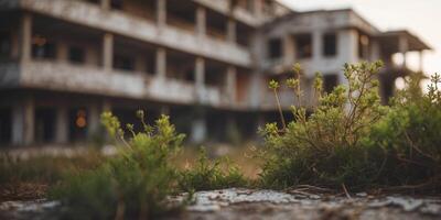 Contrast between an old abandoned hotel and nature. photo