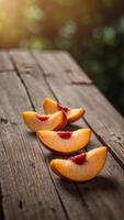 Ripe Peach Slices on Rustic Wooden Table with Natural Lighting. photo