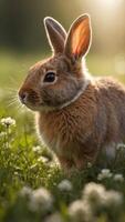 Playful Bunny Nibbling on Clover in Lush Spring Meadow with Warm Sunshine. photo