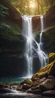 Powerful Cross Beneath Cascading Waterfall in Serene Forest Landscape. photo