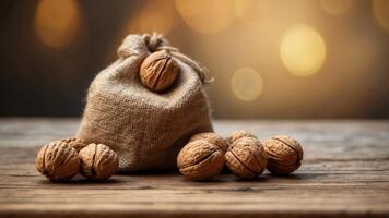 Rustic walnuts in burlap sack on wooden surface. photo