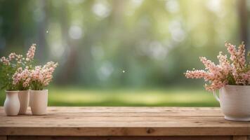 Spring summer blurred background with wooden table for product display. photo