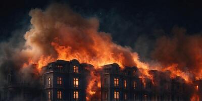 A building engulfed in flames with smoke billowing into the night sky. photo