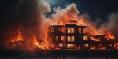 A building engulfed in flames with smoke billowing into the night sky. photo