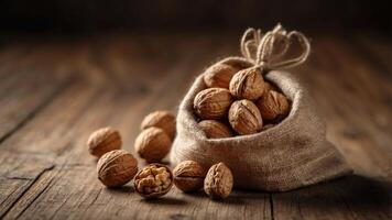 Rustic walnuts in burlap sack on wooden surface. photo