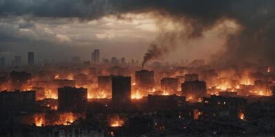 Ruined cityscape with fires raging under a gloomy sky. photo