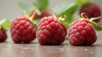 An bunch of red raspberries are arranged in a row. photo