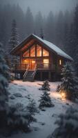 Cozy wooden cabin with illuminated windows amidst a snowy pine forest in misty winter evening. photo