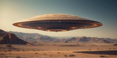 Flying saucer hovering above the desert a scene from another world creating wonder and curiosity among stargazers and skeptics alike. photo