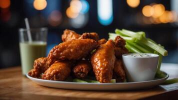 Spicy Buffalo Wings and Celery with Blue Cheese Dipping Sauce on Sports Bar Table. photo