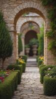 A beautiful garden with a stone archway leading to a courtyard. photo