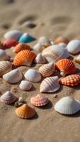 Assorted seashells and corals arranged on sandy surface. photo