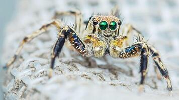 Jumping spider standing on wire screen showing its green eyes. photo