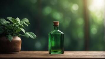 An green wall with a green background and a green box with a green bottle in it. photo