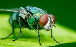 Common green bottle fly on a leaf and nature background. photo
