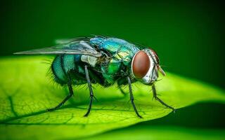 Common green bottle fly on a leaf and nature background. photo