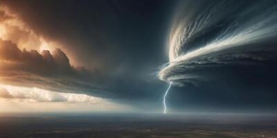 Incipient tornado evolving into a massive hurricane above the earth in a space view showcasing the impacts of climate change. photo