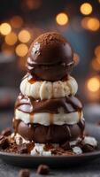 Cozy Winter Chocolate Dessert with Indulgent Ice Cream Topping. photo