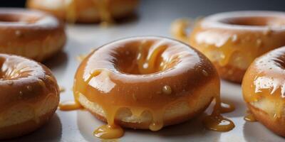 Close up of a glazed donut with with custard oozing out. photo