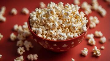 top view bowl full of popcorn on a red background. photo