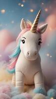Plush unicorn toy nestled in pastel clouds. photo