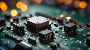 Closeup of a Circuit Board with a Glowing Processor. photo