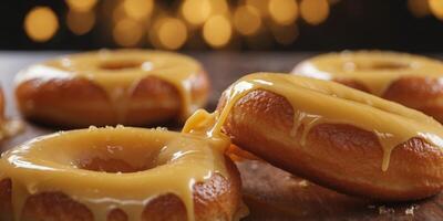 Close up of a glazed donut with with custard oozing out. photo
