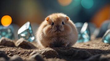 A small fat fluffy creature which looks out curiously between two huge crystals. photo