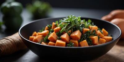Close up view on a Sweet Potato Hash with greens in a black bowl on a black table with copy space. photo