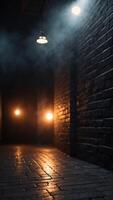 background of an empty dark black room empty brick walls lights smoke glow rays. photo