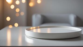 Sleek White Round Table in Minimalist Room with Soft Lighting for Luxury Product Display. photo