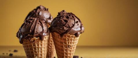 Ice Cream Cone With Chocolate Chunks on Yellow Background. photo