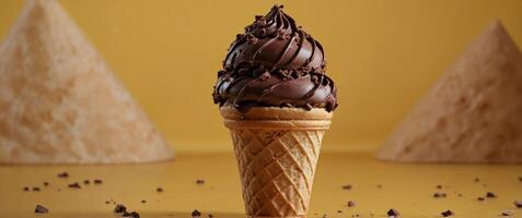 Ice Cream Cone With Chocolate Chunks on Yellow Background. photo