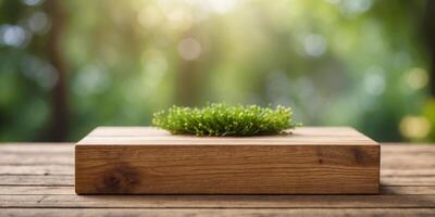 Empty wooden product display table top with blurred garden background nature scene podium. photo