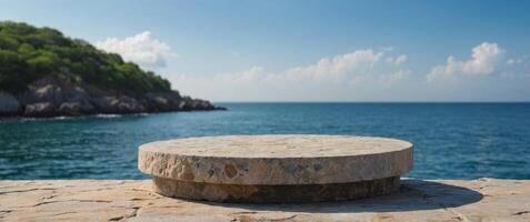 Empty podium on stone platform with sea island and blue sky background for product display. photo