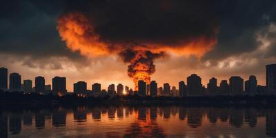 ominous mushroom cloud billowing skyward intense orange fireball at its core silhouetted cityscape in foreground dark stormy sky emphasizing apocalyptic atmosphere. photo