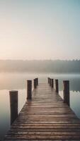 Old wooden pier extending into a misty lake. photo
