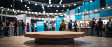 Empty round podium with blurred background of a bustling trade show with visitors and exhibition stands. photo