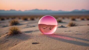 An desolate desert landscape with a large pink object in the distance. photo