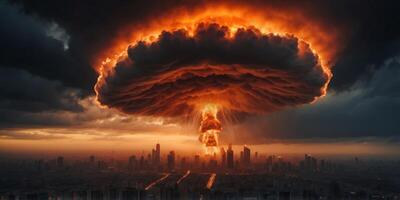 ominous mushroom cloud billowing skyward intense orange fireball at its core silhouetted cityscape in foreground dark stormy sky emphasizing apocalyptic atmosphere. photo