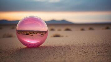 An desolate desert landscape with a large pink object in the distance. photo