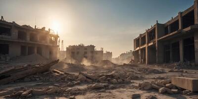 Strike causes destruction to industrial concrete building Scene of disaster with debris dust and collapsed structures under rising sun and blue sky. photo