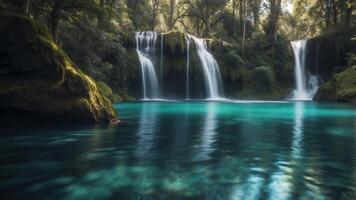 Captivating Turquoise Forest Pool with Cascading Waterfall in Serene Nature Scenery. photo