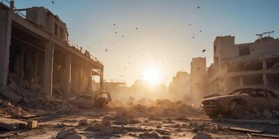 Strike causes destruction to industrial concrete building Scene of disaster with debris dust and collapsed structures under rising sun and blue sky. photo